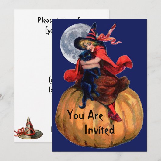 Witch Girl en Cat Halloween Invitation Kaart (Voorkant / Achterkant)