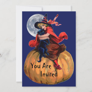Witch Girl en Cat Halloween Invitation Kaart