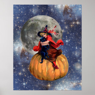 Witch Girl en Cat Moon Halloween Poster