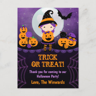 Witch Girl Pumpkins Halloween Party Dank je Briefkaart