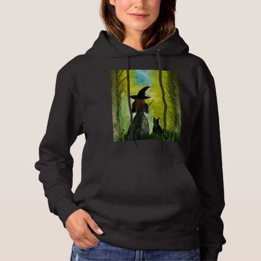 Witch Halloween Gothic Black Cat Spooky Waterverf Hoodie (Voorkant)