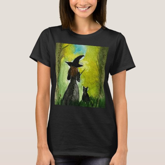 Witch Halloween Gothic Black Cat Spooky Waterverf T-shirt (Voorkant)