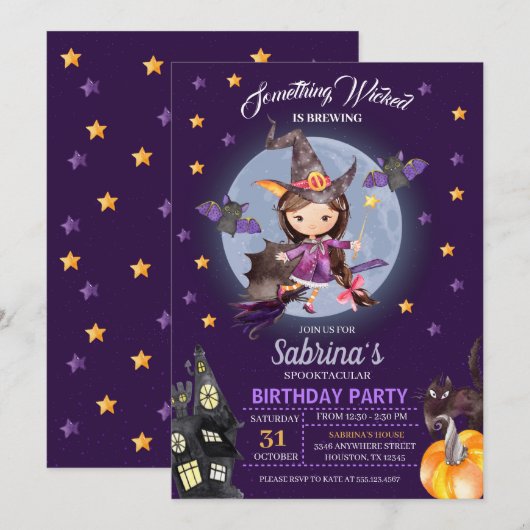 Witch Halloween Kids Birthday Party Invitation Kaart (Voorkant / Achterkant)