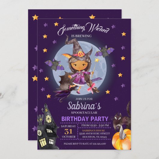 Witch Halloween Kids Birthday Party Invitation Kaart (Voorkant / Achterkant)