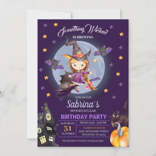 Witch Halloween Kids Birthday Party Invitation Kaart (Voorkant)