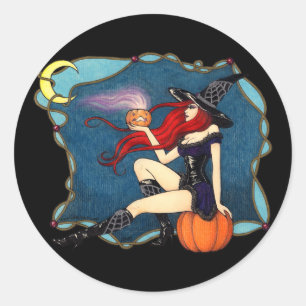 Witch Halloween met rode haren Ronde Sticker