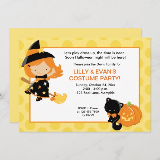 Witch Halloween Party Girls Birthday Invite Kaart (Voorkant / Achterkant)