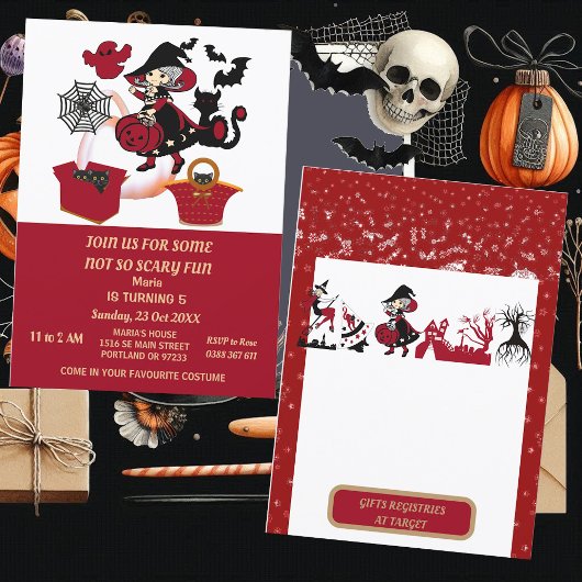 Witch Halloween Spider Web Pumpkins Kind Birthday Kaart