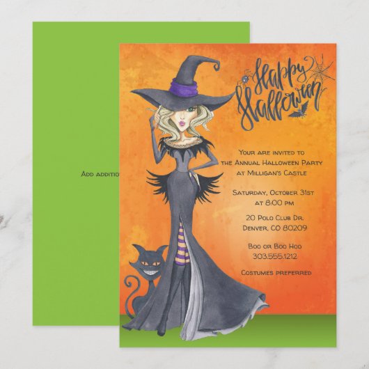 Witch Halloween Uitnodiging, Adult Costume Party Kaart (Voorkant / Achterkant)