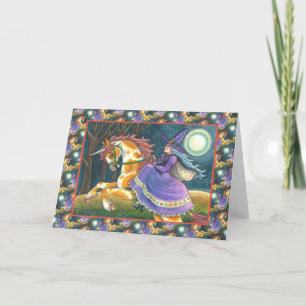 WITCH & HALLOWEEN UNICORN, BLACK CAT Fantasy Horse Feestdagen Kaart