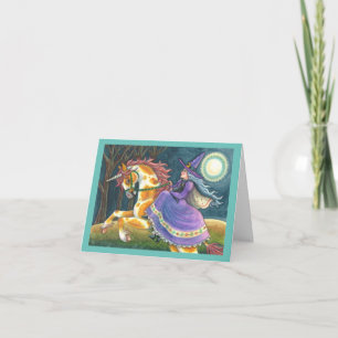 WITCH & HALLOWEEN UNICORN, BLACK CAT Fantasy Horse Feestdagen Kaart