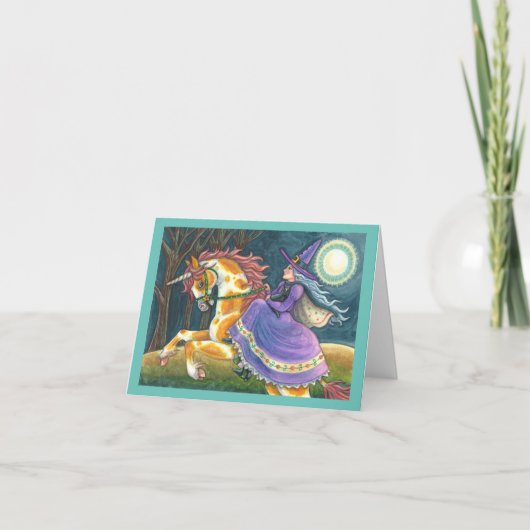 WITCH & HALLOWEEN UNICORN, BLACK CAT Fantasy Horse Feestdagen Kaart (Voorkant)