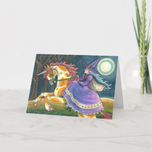 WITCH & HALLOWEEN UNICORN, BLACK CAT Fantasy Horse Feestdagen Kaart