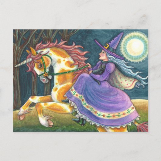 WITCH & HALLOWEEN UNICORN, BLACK CAT Fantasy Horse Feestdagenkaart (Voorkant)