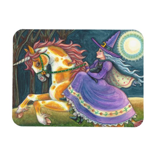 WITCH & HALLOWEEN UNICORN, BLACK CAT Fantasy Horse Magneet (Horizontaal)