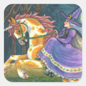 WITCH & HALLOWEEN UNICORN, BLACK CAT Fantasy Horse Vierkante Sticker (Voorkant)