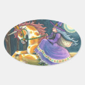 WITCH & HALLOWEEN UNICORN, BLACK CAT Fantasy Ovale Sticker (Voorkant)