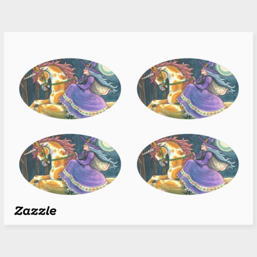 WITCH & HALLOWEEN UNICORN, BLACK CAT Fantasy Ovale Sticker (Vel)