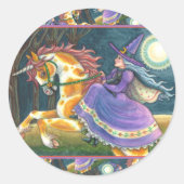 WITCH & HALLOWEEN UNICORN, BLACK CAT Fantasy Ronde Sticker (Voorkant)