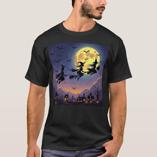 witch Halloween witches Starry Night Van Gogh cat  T-shirt (Voorkant)