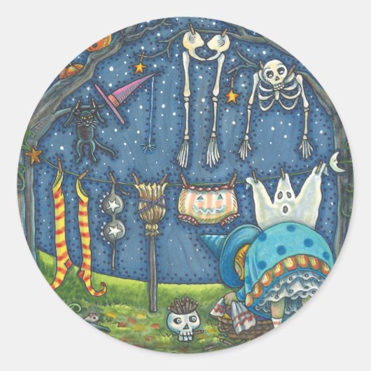 WITCH HANGT HAAR ZWARTE KAT, GHOST, SKELLY LAUNDRY RONDE STICKER (Voorkant)