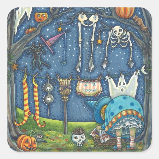 WITCH HANGT HAAR ZWARTE KAT, GHOST, SKELLY LAUNDRY VIERKANTE STICKER (Voorkant)