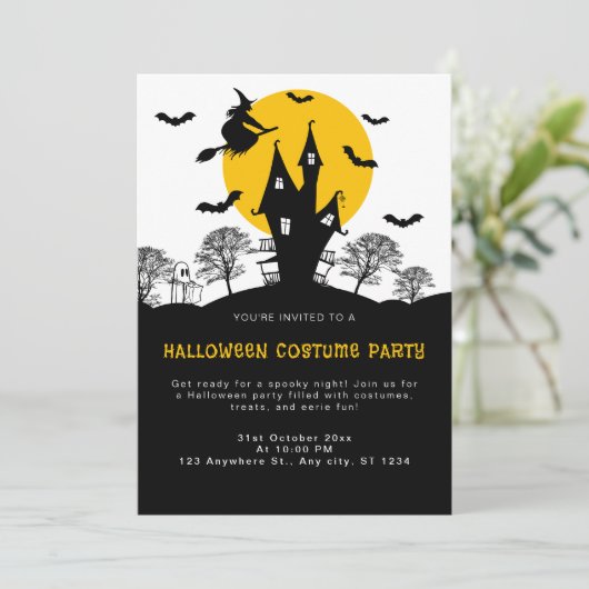 Witch Haunted House Oranje en zwarte Halloween Par Kaart (Staand voorkant)