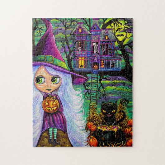 Witch Haunted Tree House Black Cat Halloween Legpuzzel (Verticaal)