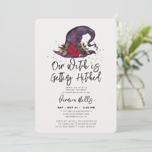 Witch Hitched Paars Halloween Vrijgezellenfeest In Kaart (Staand voorkant)