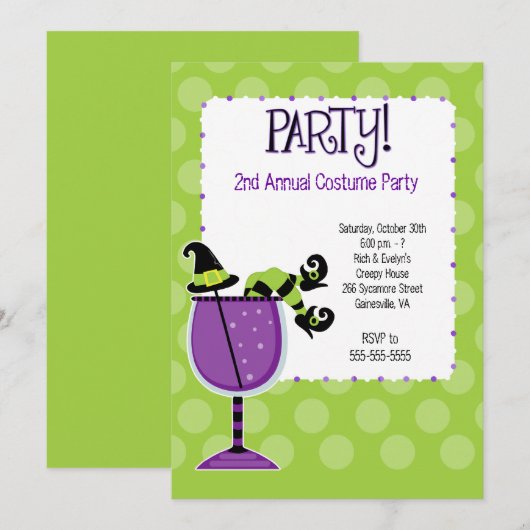 Witch in Cocktail Adult Costume Party Invitation Kaart (Voorkant / Achterkant)
