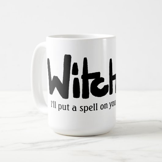 Witch in hand-lettered black ink saying koffiemok (Voorkant links)