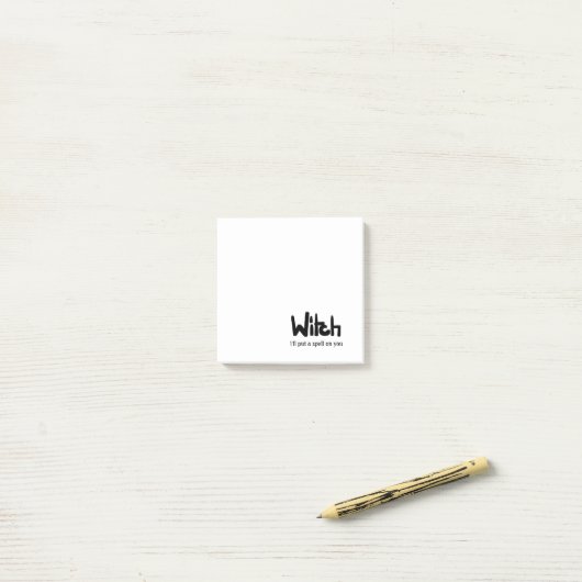 Witch in hand-lettered black ink saying post-it® notes (Op bureau)