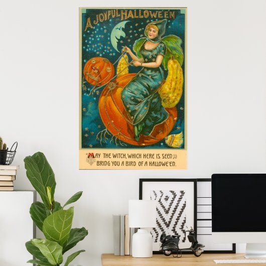 Witch Jack O Lantern Bird Pumpkin Crescent Moon Poster (Thuiskantoor)