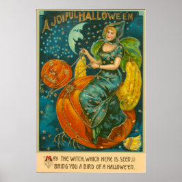 Witch Jack O Lantern Bird Pumpkin Crescent Moon Poster