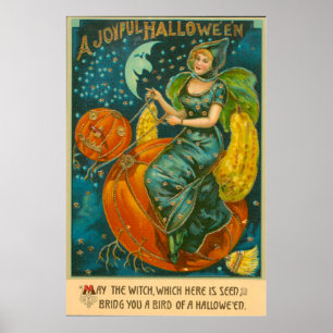 Witch Jack O Lantern Bird Pumpkin Crescent Moon Poster