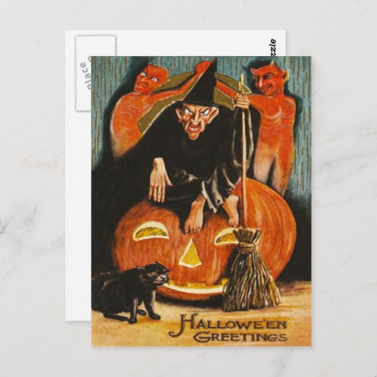 Witch Jack O Lantern Devil Demon Black Cat Briefkaart (Voorkant / Achterkant)