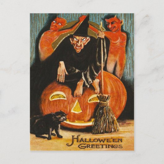 Witch Jack O Lantern Devil Demon Black Cat Briefkaart (Voorkant)