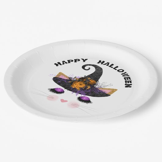 Witch Kat Face Halloween Papieren Bordje (Gekanteld)