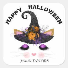 Witch Kat Face Halloween Vierkante Sticker