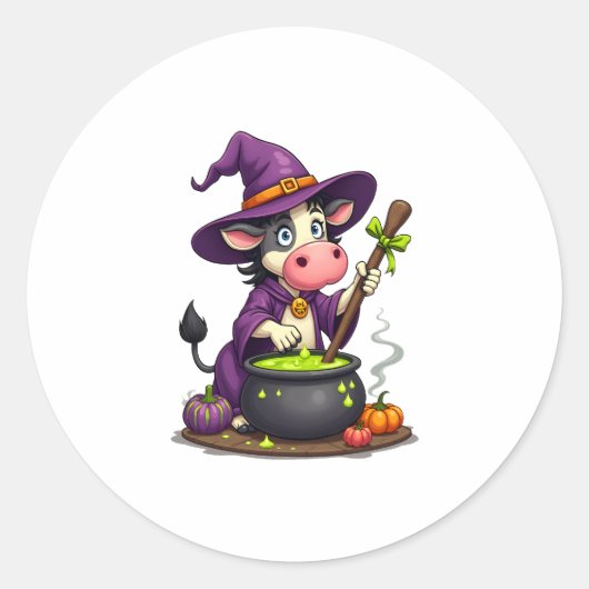 Witch Koe Cauldron Brew Ronde Sticker (Voorkant)