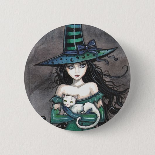 Witch met witte kat Pinback Button (Voorkant)