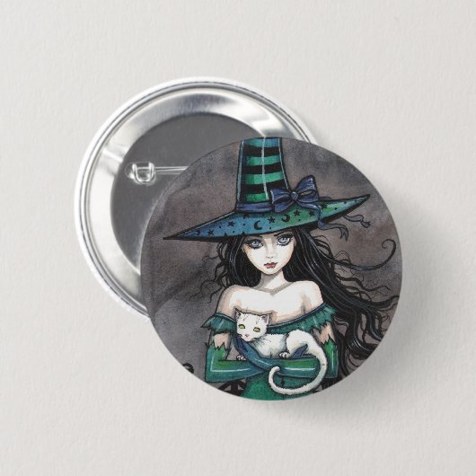 Witch met witte kat Pinback Button (Voorkant /achterkant)