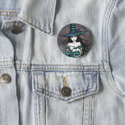 Witch met witte kat Pinback Button (In situ)