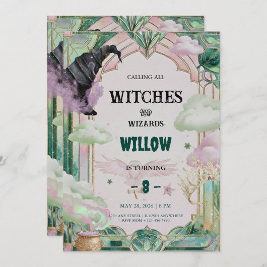 Witch Musical Birthday Invitation Magical Canva Kaart (Voorkant / Achterkant)