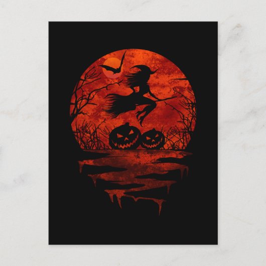 WITCH ON BROOM RED MOON BRIEFKAART (Voorkant)