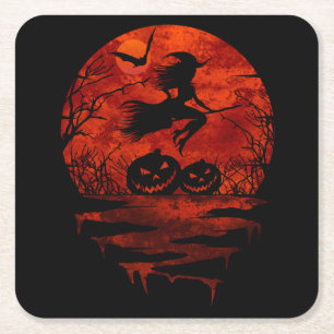 WITCH ON BROOM RED MOON KARTONNEN ONDERZETTERS