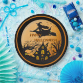 Witch on Broom Spooky Halloween House Trees Papieren Bordje (Feest)