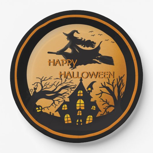 Witch on Broom Spooky Halloween House Trees Papieren Bordje (Voorkant)