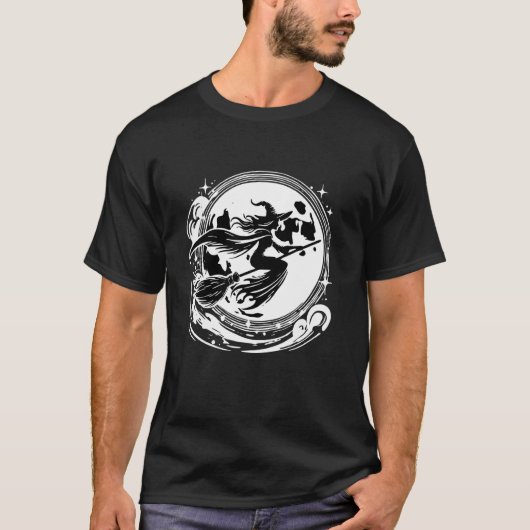 Witch On Broom With Full Moon Funny Design for Hal T-shirt (Voorkant)