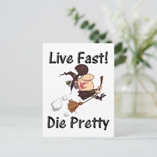 witch on broom with text briefkaart (Staand voorkant)